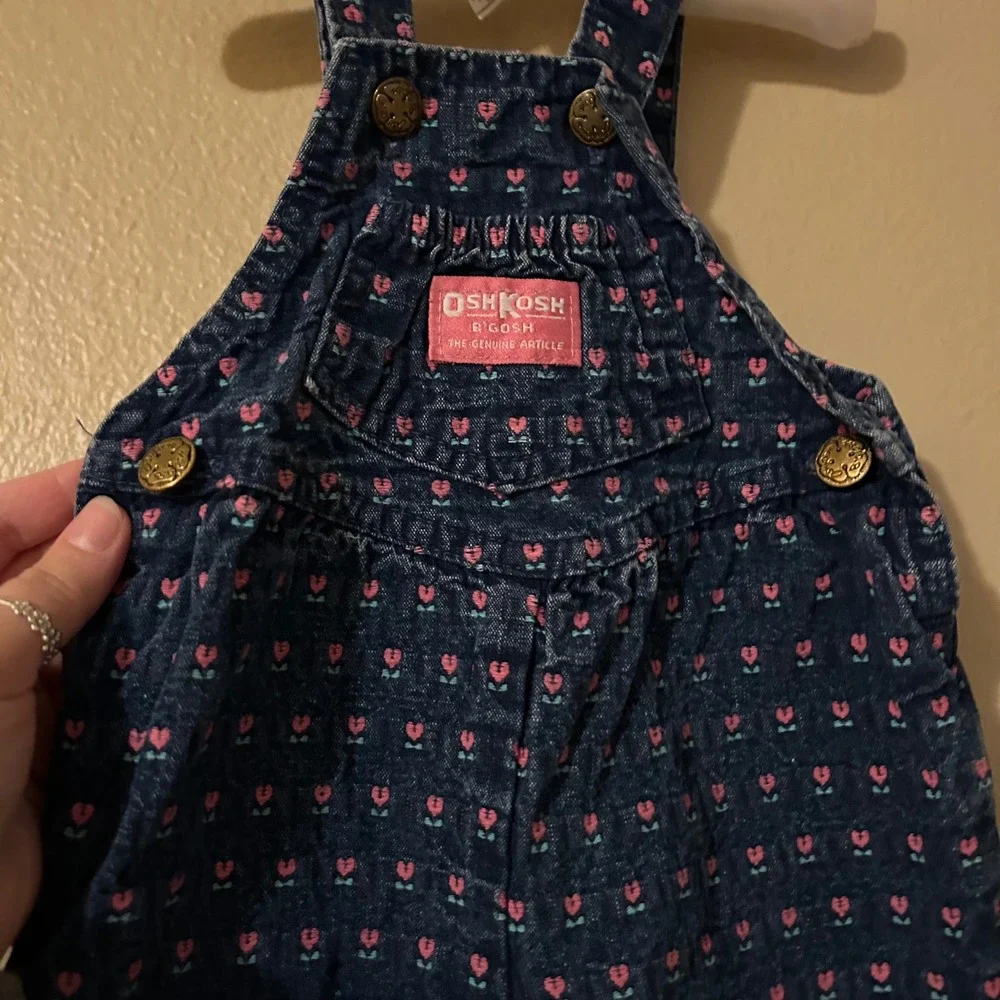 Vintage OshKosh B'Gosh Denim Vestbak Pink Tulip Floral Embroidered Overalls 6-9M